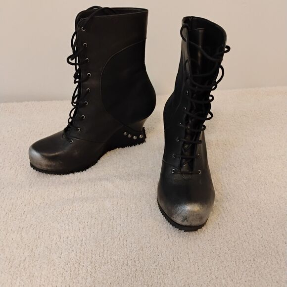 John fluevog boots Studded Wedge Goth Punk Metal Rock Band Grunge womens Sz 8 - Picture 1 of 12